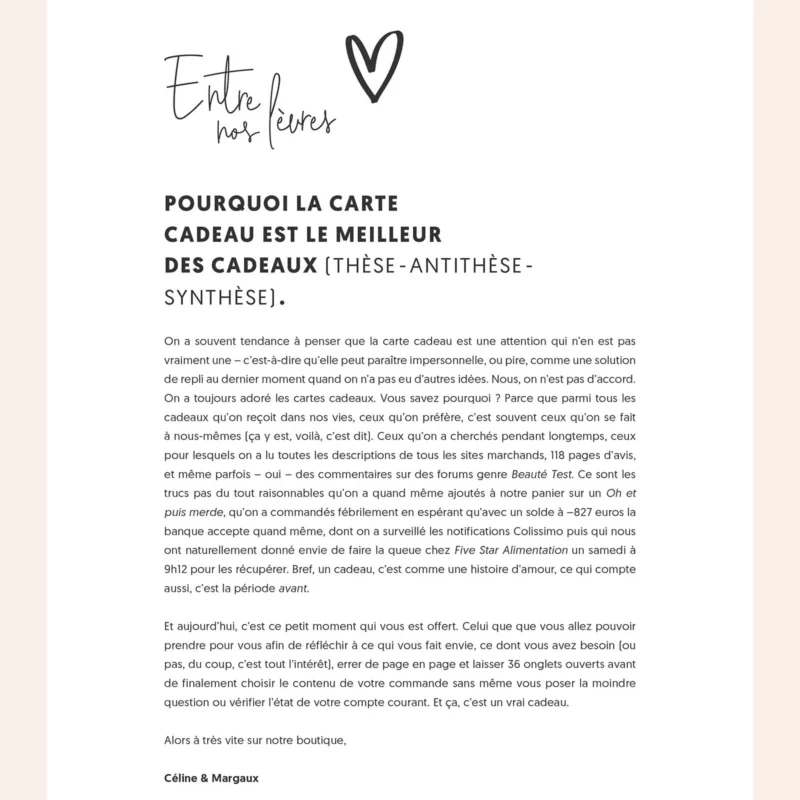 Carte cadeau Entre nos lèvres
